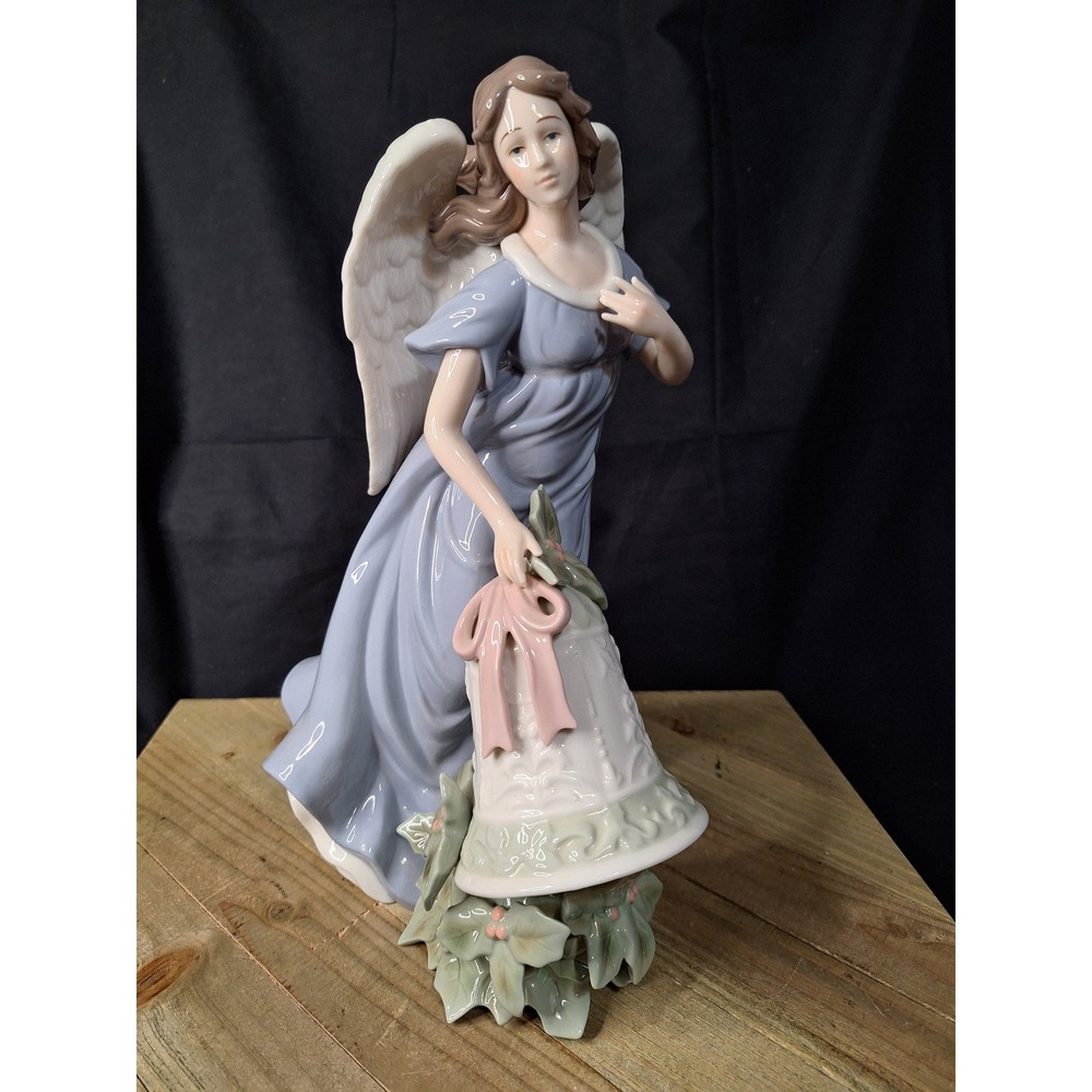 Blue Angel with Christmas Bell Porcelain Figurine 12 Inch‎ Glazed Collectible